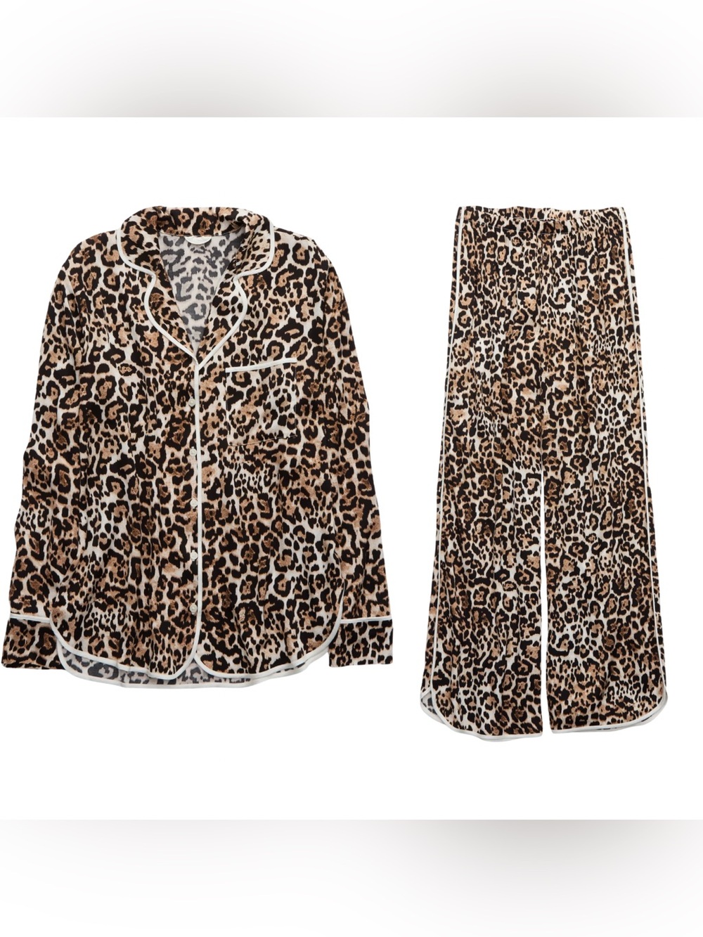 Aerie Off-Duty Satin Leopard Animal Print Pajama Shirt & Wide Leg Pants Set M